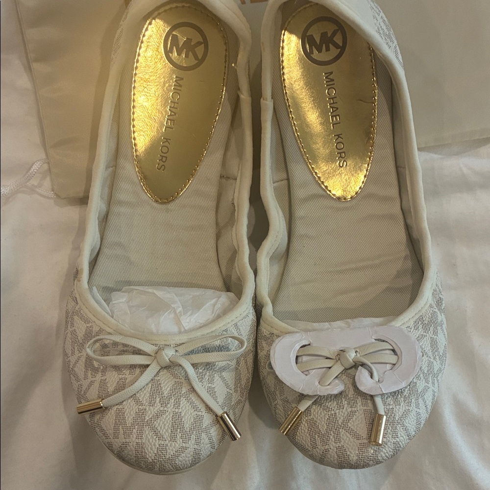Michael Kors Ivory Logo Ballet Flats with Gold Accents